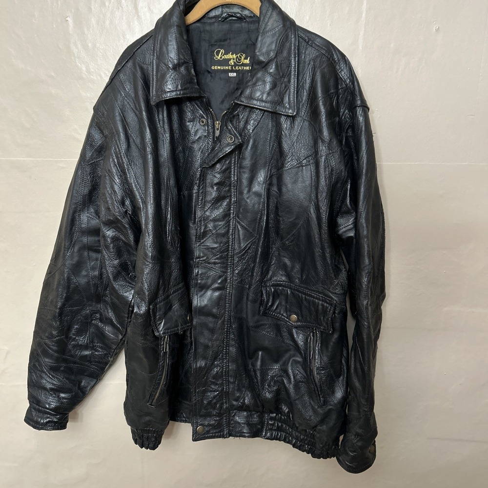 Vintage 80's Black Leather 2XL‎ Mens Jacket Patchwork Style Worn